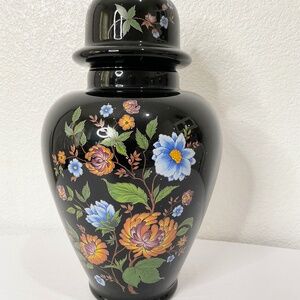 VTG Ardalt Chinoiserie Black Glass Floral Ginger Jar Vase  made in Italy